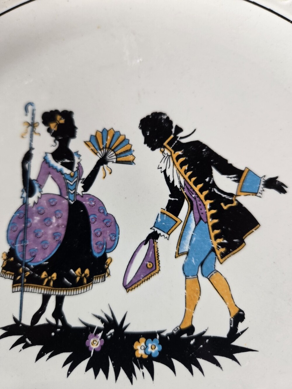 Vintage Shabby DecorativeWhite Plate with Blac,Purple & Yellow Silhouette Design